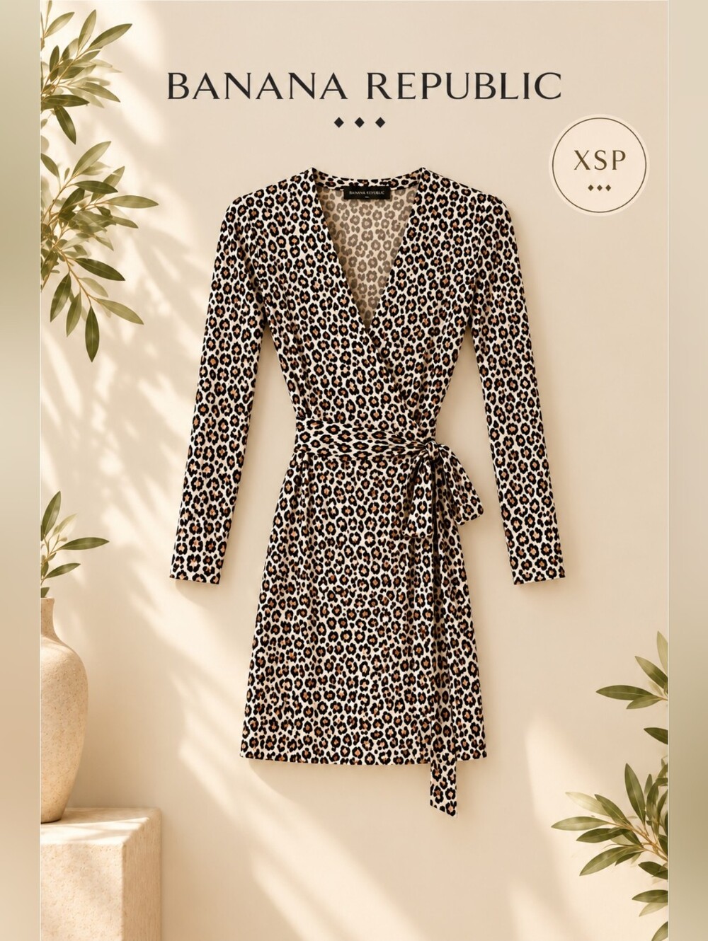 EUC Banana Republic Leopard Print Long Sleeve Deep V-Neck Wrap Dress, XSP